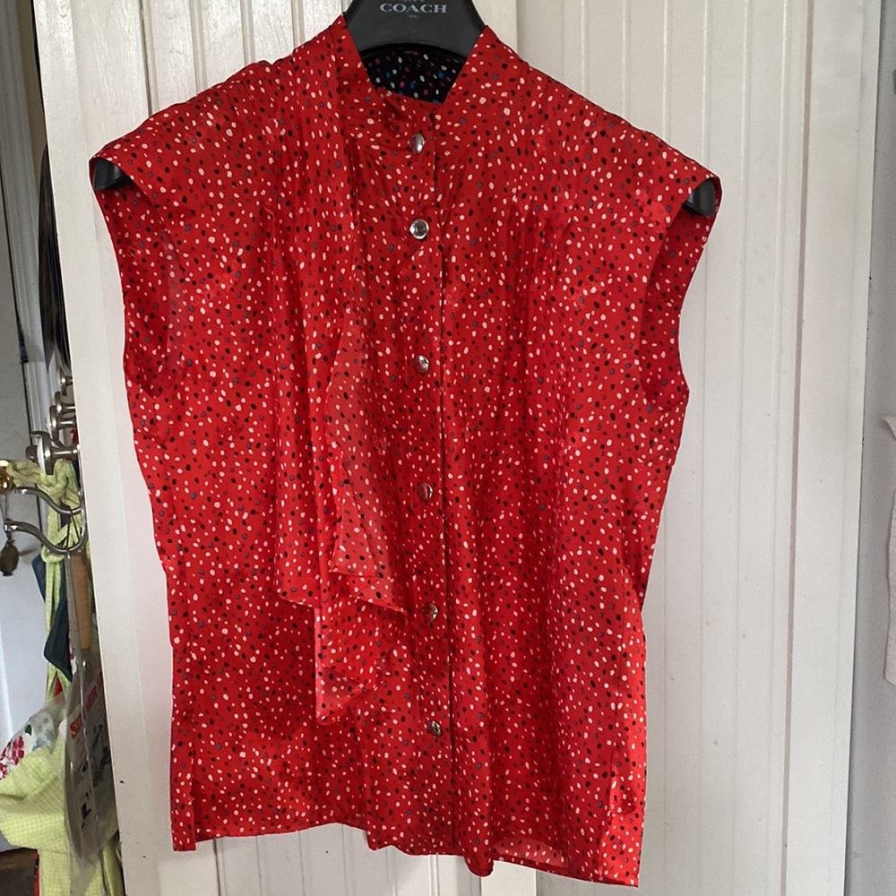 Coach Silk 6 Red Ditsy Dot Drape Blouse, Entire Fabric Embossed w/Coach Symbol